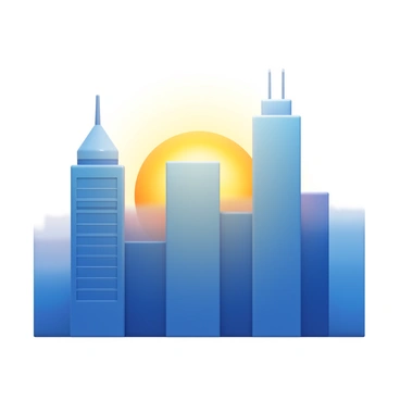 A city skyline featuring tall skyscrapers with varying architectural designs. The buildings are partially obscured by a morning haze, creating a soft diffusion of light around their outlines. The sun is rising in the background, casting a warm glow that filters through the haze, illuminating the skyline with a gentle light. The scene captures a sense of quiet anticipation as the city begins to awaken.