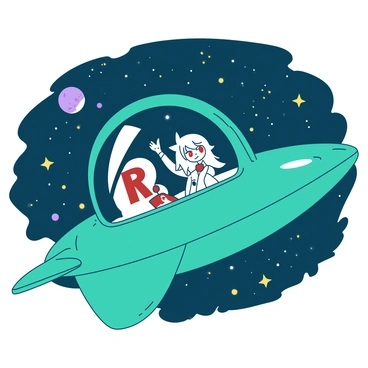 A teal spaceship is floating in the vastness of space, showcasing large, transparent windows. Inside, two characters from Team Rocket are peering out at the stars and planets. The first character, wearing a white outfit with a bold red 'R' emblem, is gazing intently through the window, while the second character, dressed in a matching white outfit with a red accent, is pointing excitedly at a distant planet. The stars are twinkling brightly in the dark background of space, creating a sense of wonder and adventure.