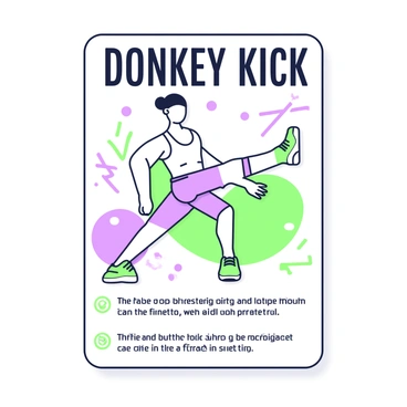 A modern poster design features the "donkey kick" exercise prominently in the center. The image shows a fit individual in a workout pose, balanced on their hands and knees, with one leg extended back in the kicking position. The person is dressed in athletic wear, such as a fitted tank top and shorts. Surrounding the individual, there are stylized graphics emphasizing movement and energy. Above the figure, the words "Donkey Kick" are displayed in bold, eye-catching fonts. Additional text below provides tips for performing the exercise correctly, using engaging layouts.