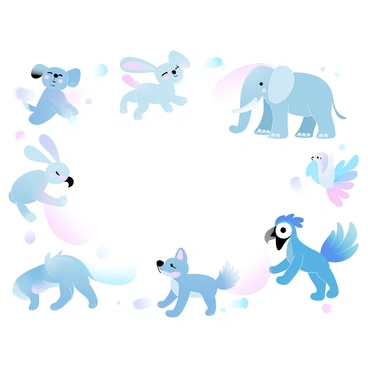 An illustration board is covered with colorful sketches of various animals. There are sketches of a playful puppy with floppy ears, a curious kitten with a long tail, and a majestic elephant with large ears. A fluffy bunny with large ears hops near a detailed drawing of a tropical parrot with bright feathers. Additionally, there is a charming fox with a bushy tail among the sketches. Each animal is vividly drawn in a combination of gradient pastel colors, creating a lively and engaging atmosphere.