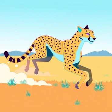 A sleek cheetah with a golden coat and distinctive black spots is running at full speed across expansive golden grasslands. The cheetah's muscles are taut, showcasing its incredible strength and agility as it strides gracefully. The grasslands are dotted with tufts of green grass swaying gently in the breeze, and the horizon is marked by distant hills under a clear blue sky. Dust is kicked up around the cheetah's powerful paws, emphasizing the swift motion and the excitement of the chase.