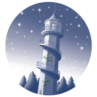 A tall, slender tower rises into the night sky, featuring a spiraled staircase winding up to a small balcony at its top. The structure is made of rough stone, with ivy climbing its exterior. The night sky is filled with numerous stars that shimmer, creating a bright celestial display. Below the tower, a dense forest surrounds it, with trees outlined against the starlit sky. The scene captures the tranquil beauty of a clear night, with the stars reflecting in the stillness of the evening air.