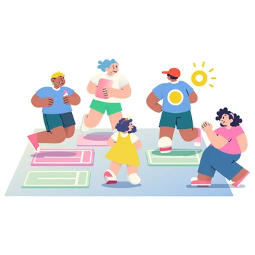 A group of four kids is playing hopscotch on a colorful chalk-drawn grid on the pavement. Two boys, one wearing a blue t-shirt and the other in a red cap, are jumping from one square to another with excitement. The girl in a yellow dress is waiting her turn, holding a chalk piece in her hand. The fourth child, a girl with curly hair in a pink t-shirt, is cheering them on from the sidelines. The hopscotch grid features vibrant colors like pink, green, and blue, contrasting against the grey pavement. The sun is shining brightly, casting shadows from the children as they play.