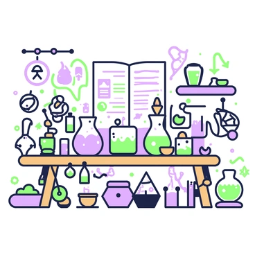 An alchemist's lab is filled with various bubbling concoctions. In the center, a large wooden table is covered with glass flasks containing colorful liquids, some emitting steam. Surrounding the table, shelves are lined with jars filled with herbs and powders, each labeled with intricate symbols. A set of brass scales sits on one side, next to a mortar and pestle. In the background, a large, ornate book is open, displaying handwritten notes and diagrams. Several peculiar artifacts, such as a crystal orb and an ancient compass, are scattered throughout the lab, adding an air of mystery.