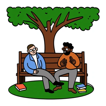 Two philosophers are sitting on a wooden bench in a park, engaged in a deep discussion. The scene features a large oak tree with sprawling branches providing shade above them. One philosopher has light skin and wears round glasses, with short, neatly combed hair, dressed in a blue blazer over a white shirt. The other philosopher has dark skin with a beard, wearing a brown sweater and gray trousers. They are animatedly gesturing with their hands, surrounded by green grass and a few scattered books on the bench, conveying a thoughtful atmosphere.