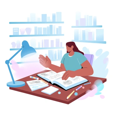 An art student is sitting at a large wooden table, intently examining a thick book filled with historical illustrations. The book is open to a page showcasing intricate drawings from the past. The student is surrounded by pencils, brushes, and paint tubes scattered on the table, indicating a creative workspace. A soft lamp casts light over the book, enhancing the details of the illustrations. In the background, there are shelves filled with art supplies and books, creating an organized yet inspiring environment.