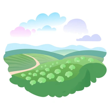 A hilltop with lush green grass offers a panoramic view of a sprawling celery farm below. Rows of vibrant green celery plants stretch across the landscape, creating a rhythmic pattern. The sky above is filled with soft gradient pastel colors, blending from light blue to gentle pink and lavender. A few fluffy clouds float lazily in the sky. In the distance, a faint outline of rolling hills adds depth to the scene.