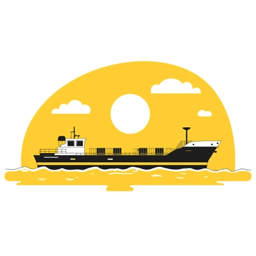 A navy barge floating on the ocean surface, gently swaying with the waves. The barge has a flat deck and is equipped with cargo containers. The ocean water appears smooth and reflects the light. Above, the sky is filled with clouds illuminated by the setting sun, creating a warm glow around the horizon. The colors of the sunset transition from deep to bright shades, casting a serene atmosphere over the scene.