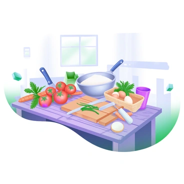 A rustic kitchen table is set in a cozy kitchen. On the table, there is an assortment of fresh ingredients including vibrant tomatoes, green herbs, and a bunch of carrots. Various cooking utensils are scattered around, featuring a wooden cutting board, a sharp knife, and measuring cups. A bowl of flour and a basket of eggs sit alongside the ingredients, creating an inviting scene of preparation. The table has a weathered wood finish, adding to the rustic feel of the kitchen environment.