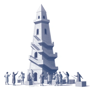 A tall, intricately designed tower rises high into the sky, with multiple levels and winding staircases visible on its exterior. The structure features a mix of brick and stone elements, creating a sense of grandeur. Surrounding the tower, a diverse group of people is engaged in various activities; some are working together to carry building materials while others are discussing plans or pointing towards the tower's peak. Crates and scaffolding are scattered around the base of the tower, adding to the busy atmosphere. The scene captures the energy and collaboration of ancient builders, emphasizing the scale and ambition of the Tower of Babel.