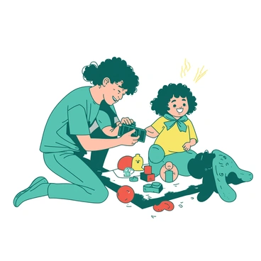 A teal photographer is kneeling on the ground, holding a camera up to their eye, focused on a toddler with a bright smile. The toddler, wearing a yellow shirt, is surrounded by a colorful array of toys, including a red ball, a blue teddy bear, and orange building blocks. The scene conveys a sense of joy and playfulness, with soft sunlight illuminating the child's features and reflecting off the shiny toys.