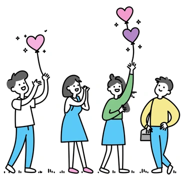 A group of four friends, all smiling, are standing together in a grassy field. Each friend is holding a colorful heart-shaped balloon. The balloons are red, pink, and purple, floating upwards into the clear blue sky. One friend, wearing a white t-shirt and jeans, is letting go of a balloon with both hands. Another friend, dressed in a light blue dress, is reaching up towards the sky. The third friend, wearing a green shirt, is laughing, while the fourth friend, in a yellow sweater, watches the balloons rise.