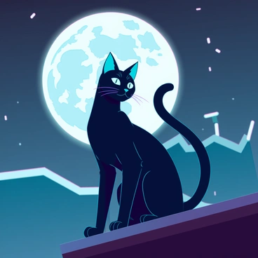 A sleek black cat with glowing green eyes is sitting gracefully on the edge of a rooftop. The cat's fur is glossy, reflecting a hint of light from the surrounding environment. It is silhouetted against a large, luminous full moon that dominates the night sky, casting a soft, silvery glow. The background features a few scattered stars, and the rooftops of nearby buildings create a jagged skyline, enhancing the atmosphere of a calm, moonlit night.
