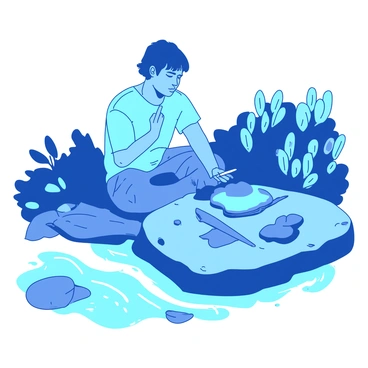 A blue gatherer is sitting on a flat gray rock beside a flowing white river. The gatherer is focused on sharpening stone tools with a small, sharp object in their right hand. The tools are laid out on the rock, glinting in the sunlight. Water is gently flowing in the river, creating ripples around smooth stones underwater. Lush green vegetation is visible along the riverbank, adding to the natural setting.