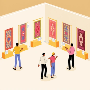 An exhibition in a museum featuring a series of ancient rugs displayed on elegant wooden stands. Each rug has intricate patterns and vibrant colors, showcasing their historical significance. The rugs are arranged in a semi-circle, with informative plaques beside each one, providing details about their origin and age. The museum walls are adorned with soft lighting, highlighting the textures and details of the rugs. Visitors can be seen admiring the pieces, taking notes, and discussing their historical context.