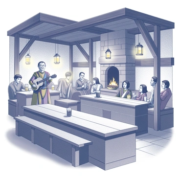 A medieval tavern with a wooden-beamed ceiling and stone walls. The room is filled with patrons sitting at long, rustic wooden tables. Some are engaged in conversation, while others are enjoying mugs of ale. A bard stands on a small wooden stage, strumming a lute and singing. The bard wears a vibrant tunic and has a cheerful expression. Lanterns hang from the ceiling, casting warm light throughout the space. A fireplace crackles in the corner, providing warmth and atmosphere. The air is filled with laughter and lively chatter.