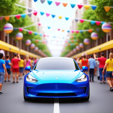 An electric car in a sleek modern design driving along a bustling street festival. The scene is filled with "colorful decorations" such as vibrant banners and balloons strung across the streets. "Lively crowds" of festival-goers are gathered on both sides, some waving, while others are engaged in various activities. The atmosphere is dynamic, with people wearing "bright clothing" and enjoying the festive environment. The electric car is shown prominently, with its polished finish reflecting the excitement of the surroundings.