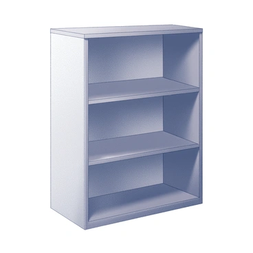 A wooden bookshelf stands against a wall. The structure has multiple shelves, all of which are empty. Dust is visibly gathering on the surfaces of the shelves, creating a fine layer that highlights the lack of books or decorative items. The wood has a slightly worn texture, and the shelves are cleanly arranged, emphasizing their emptiness. Soft shadows are cast by the shelves, adding depth to the scene.