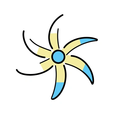 A group of cilia, designed to resemble the blades of a windmill, extends outward, gently swaying as if caught in a soft breeze. Each cilium is elongated and slender, sporting a subtle curve that mimics the aerodynamic shape of windmill blades. The cilia are connected at a central base, creating a harmonious pattern of movement. They are depicted in various shades of green and blue, simulating a natural environment, as they turn gracefully in unison.