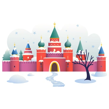 The Kremlin stands majestically in the center of the image, its iconic red brick walls dusted with a layer of fresh white snow. The numerous towers, adorned with green and gold domes, are capped with thick, white snow, enhancing their grandeur. Snowflakes gently fall from the gray sky, adding to the serene atmosphere. Surrounding the Kremlin, trees with bare branches are covered in snow, creating a stark contrast against the vibrant red of the walls. The ground is a smooth, untouched blanket of snow, allowing for distinct footprints leading toward the entrance. The overall scene embodies the tranquility of a winter wonderland.