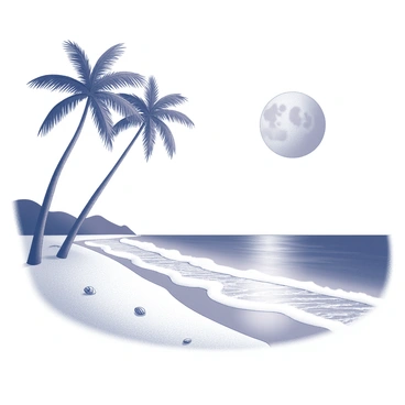 A tropical beach landscape featuring soft, fine sand that stretches along the shoreline. Palm trees lean slightly towards the ocean, their fronds gently swaying in the breeze. The waves are lapping at the beach, with small whitecaps visible. Above, the sky is illuminated by a large "blue moon," casting a soft glow over the scene and creating reflections on the water's surface. A few scattered seashells are visible in the sand, adding detail to the beach.
