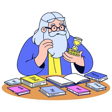 A wizard with long silver hair and a beard, wearing spectacles, is examining a "Time-Turner" closely in his hands. The "Time-Turner" is gold with intricate designs and a central hourglass filled with shimmering sand. Surrounding him is a collection of open books scattered across a wooden table. Each book has colorful covers with titles related to "time magic." The setting is illuminated by warm light, highlighting the details of the books and the glimmering "Time-Turner."