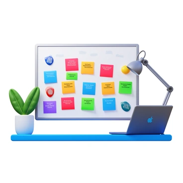 A digital board displaying a sequence of story ideas generated by AI. The board features multiple colorful sticky notes with different titles on each note. There are various icons representing genres like fantasy, science fiction, and mystery next to the notes. A sleek laptop is open nearby, displaying a code interface. The environment is a modern workspace with a contemporary design, including a potted plant and a stylish desk lamp. The overall setup is well-organized and visually engaging.