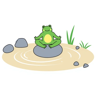 A small green frog with bright yellow spots is balanced on a smooth, round rock in the center of a zen garden. The frog is positioned in a yoga pose, with its front legs stretched forward and its back legs bent. Surrounding the rock are soft white sand patterns that swirl around it, creating a calming effect. In the background, there are several carefully placed rocks and a few small, green plants that add to the tranquil atmosphere. The zen garden has a peaceful vibe, with a few delicate pebbles scattered nearby.