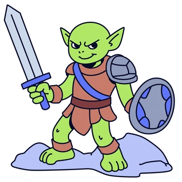 A fierce goblin warrior stands in a battle stance, ready for combat. The goblin has green skin and sharp features, with pointed ears and a determined expression. It wears rugged armor made of leather and metal, showing signs of wear from previous battles. In its right hand, the goblin holds a jagged sword with a dark metallic blade glinting in the light. In its left hand, it grips a round shield adorned with a menacing emblem. The background features a simple depiction of a rocky terrain, enhancing the goblin's readiness for battle.
