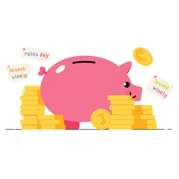A cartoon-style illustration of a piggy bank designed with a glossy pink finish and a smiling face. The piggy bank is placed in the center of the image, with a slot on its back. Surrounding the piggy bank are stacks of shiny gold coins of various sizes, some lying flat and some leaning against each other. Scattered around the coins are colorful notes with phrases like "Save for a rainy day" and "Invest wisely," presented in a playful font. The background is simple, allowing the piggy bank and coins to be the main focus of the illustration.