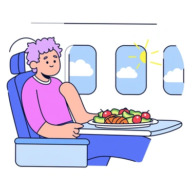 A traveler sitting comfortably in an airplane seat, enjoying a gluten-free meal on a tray table. The meal includes a colorful salad with cherry tomatoes, avocado slices, and grilled chicken. The traveler is looking out of the window, which showcases a stunning view of fluffy white clouds and a clear blue sky. Sunlight is streaming through the window, illuminating the traveler's face and the food on the tray.