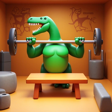 A dinosaur with strong, muscular arms attempting to perform a bench press in a prehistoric gym. The dinosaur is positioned on a large wooden bench, its green scales glistening under the ambient lighting. The gym is filled with rustic stone weights and gym equipment fashioned from natural materials. In the background, there are cave paintings depicting various prehistoric activities. The atmosphere is vibrant, capturing the unique environment of a gym from the dinosaur era.