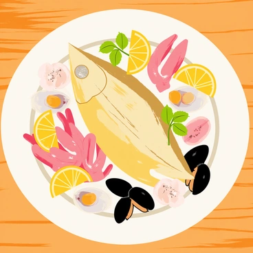 An elegant platter featuring an assortment of seafood arranged beautifully. The platter includes a whole fish, glistening with a light lemon glaze, along with an array of shellfish such as shrimp, mussels, and clams. Fresh garnishes of lemon slices, parsley, and a sprinkle of sea salt adorn the seafood. The platter is set on a wooden table, enhancing the natural colors of the seafood and garnishes.