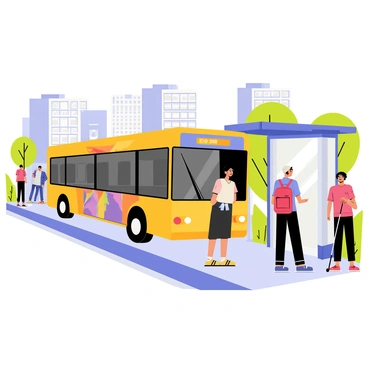 A brightly colored city bus with a large advertisement on its side is stopping at a bustling urban bus stop. The bus has open doors, revealing the interior with empty seats. Several passengers, including a young woman with a red backpack and an elderly man with a cane, are waiting at the curb. The bus stop features a clear glass shelter, and a digital timetable displaying the arrival times can be seen above. Surrounding the bus stop are tall buildings, a few trees, and pedestrians walking on the sidewalk, contributing to the lively atmosphere of the city.