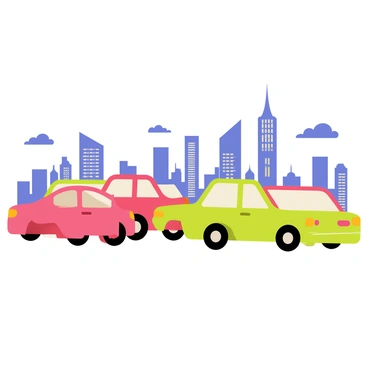 A traffic jam filled with colorful cars in various shades of red, blue, green, and yellow. The cars are positioned closely together, some with their headlights on. In the background, a city skyline rises with tall buildings, featuring windows that reflect the sunlight. A clear blue sky with a few fluffy clouds adds to the scene's vibrancy.