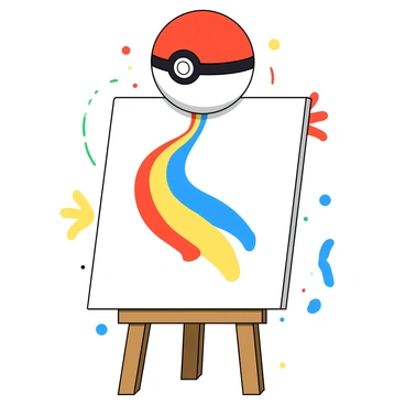 A round red and white Pokéball with a black horizontal band in the middle is being held upright. The Pokéball is positioned above a large white canvas that is set on an easel. Colorful paint strokes in bright shades of blue, yellow, and red are being created as the Pokéball moves across the canvas, leaving a trail of vibrant colors behind. The background consists of a playful assortment of paint splatters in various colors, enhancing the artistic vibe of the scene.