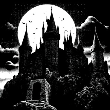 A dark and eerie vampire castle is perched on a rugged cliff. The castle features tall, pointed towers with sharp spires reaching towards the night sky. Its stone walls are aged and weathered, adding to the foreboding atmosphere. A full moon hangs prominently in the background, casting a bright glow on the castle. Dark clouds drift across the sky, enhancing the ominous mood. Bats can be seen flying around the castle, silhouetted against the moonlight. In the foreground, jagged rocks lead up to the castle entrance.