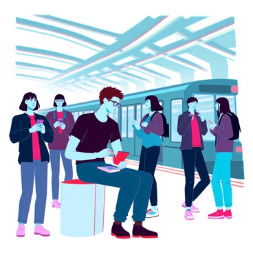 An artist with short brown hair and wearing a black t-shirt and glasses is seated on a stool on a subway platform. The artist is intently focused on sketching, holding a small notebook and a pencil in hand. Surrounding the artist are diverse commuters waiting for the train; some are looking at their phones, while others are engaged in conversation. The platform features modern architectural elements, with sleek lines and bright LED lights above. A subway train can be seen approaching in the background, adding a sense of movement to the scene. The atmosphere captures the hustle and bustle of urban life, with a blend of creativity and everyday moments.