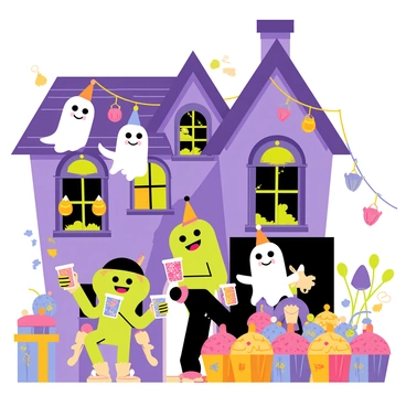 A cartoon-style illustration of a haunted house filled with whimsical ghosts and cheerful goblins attending a lively party. The haunted house has crooked windows and a tilted roof, contributing to its spooky charm. Inside, colorful decorations hang from the ceiling, including glowing jack-o'-lanterns and streamers. Friendly ghosts float around, wearing festive party hats, while playful goblins dance and laugh, holding cups filled with bright, bubbly drinks. A table in the corner is laden with an assortment of cartoonish treats like candy corn and cupcakes topped with spooky designs. The atmosphere is filled with joy and playful mischief as the party unfolds in this enchanting haunted setting.