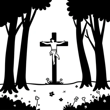 A depiction of "Jesus on the cross" set in a tranquil forest clearing. Tall trees surround the area, their branches stretching towards the sky, casting intricate shadows on the ground. Soft rays of sunlight filter through the leaves, creating a warm, inviting atmosphere. The ground is covered with lush grass and scattered wildflowers, enhancing the serene environment. In the background, a gentle breeze causes the leaves to rustle, adding a sense of calm to the scene.