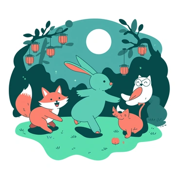 A vibrant scene of a lively celebration under a bright moon. Various creatures, including a teal rabbit, an orange fox, and a white owl, are dancing joyfully on a grassy area. The rabbit has its ears raised high while hopping energetically, and the fox is twirling around with a playful expression. The owl, perched nearby, seems to be watching the festivities with an amused look. Lanterns hang from surrounding trees, casting a warm glow over the gathering. Laughter and music seem to echo through the night air, enhancing the festive atmosphere.