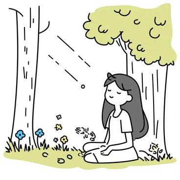 A girl with long hair sits in a forest glade, surrounded by lush green grass and wildflowers. Sunlight filters through the leaves of the tall trees above, creating dappled patterns on the ground. She is wearing a simple white dress, and her hair cascades down her shoulders. Her eyes are closed, and a peaceful expression is on her face as she rests against a large tree trunk.