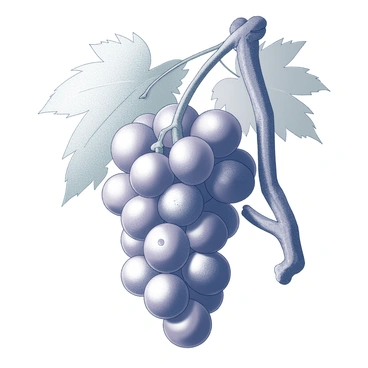 A close-up of a cluster of grapes hanging from a vine. The grapes are plump and glossy, each one covered in tiny droplets of dew. The vine is thick and textured, with green leaves framing the grapes. The light reflects off the surface of the grapes, highlighting their shape and the roundness of each fruit. The background shows a faint blur of more leaves, emphasizing the lushness of the setting.