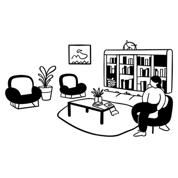 A spacious waiting area with comfortable seating arranged in a cozy manner. There are several armchairs and a small coffee table in the center, adorned with magazines and a decorative plant. A large bookshelf filled with various books lines one wall. Soft lighting illuminates the room, creating a warm atmosphere. A calming piece of abstract art hangs on the wall, adding interest to the space. A small water fountain is positioned in one corner, providing the sound of gently flowing water.