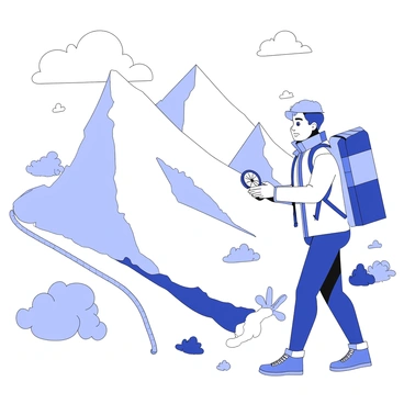 A rugged mountain scene is depicted, showcasing towering peaks and rocky slopes. In the foreground, a rafter is confidently holding a magnetic compass in one hand, intently studying the needle's direction. The rafter is equipped with a backpack, wearing a sturdy jacket and hiking boots. Surrounding the rafter, patches of hardy vegetation cling to the slopes, and a narrow, winding trail is visible leading deeper into the mountains. The sky above is expansive, with scattered clouds adding depth to the scene.