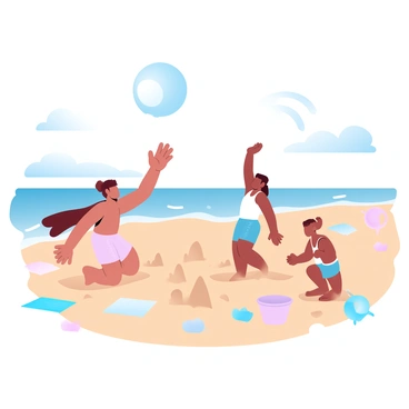 A sandy beach with several children playing together. One child is throwing a large fried egg beach ball into the air, while another child is reaching up to catch it. Nearby, a child is building a sandcastle with a bucket and shovel. The scene is filled with colorful beach towels and umbrellas scattered across the sand. In the background, gentle waves are lapping at the shore under a bright blue sky.