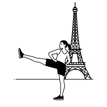 A traveler is performing glute kickbacks in front of a large, iconic structure. The traveler is wearing athletic clothing, including a fitted tank top and shorts. The Eiffel Tower is visible in the background, towering over the scene. The traveler has one leg extended backward, maintaining balance with one hand on their hip. The sky is clear, and the details of the landmark are outlined sharply, emphasizing its architectural features.