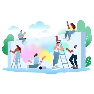 A university campus wall is being transformed by a group of students painting a vibrant art mural. The students are using a variety of spray cans and paintbrushes, showcasing different techniques and styles. Some students are on ladders to reach higher areas of the wall, while others work at ground level, deep in concentration. The mural is filled with bright, playful colors, including shades of pink, blue, yellow, and green, creating an eye-catching scene. Paint splatters and drips are visible on the ground, adding to the dynamic atmosphere of creativity and collaboration. In the background, green trees and a clear sky can be seen, complementing the lively scene.