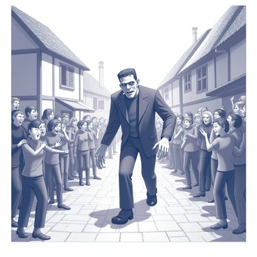 A frightened crowd of villagers is gathered in a narrow street, their faces displaying a mix of fear and astonishment. Some villagers are clutching each other, while others are raising their arms in alarm. The street is lined with old, rustic houses featuring thatched roofs and wooden doors. In the center of the scene, "Frankenstein's monster," a large figure with a menacing posture and distinct features, is moving slowly down the street. The monster's skin appears rough and textured, and its expression is uncertain, reflecting a sense of confusion. Shadows are cast across the cobblestone ground, adding to the atmosphere of tension in the air.