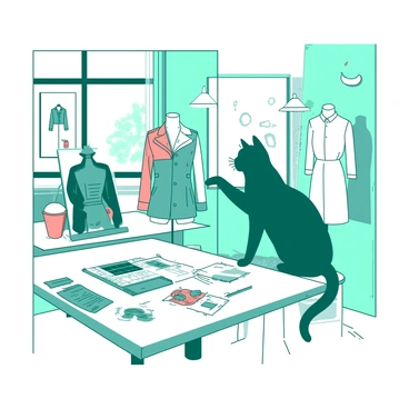 A teal fashion designer cat sits on a white stool, engaged in conversation with a white mannequin adorned in various colorful clothing items. The studio has large windows allowing in natural light, illuminating an array of fabric swatches and sketch papers scattered across a white table. The walls are decorated with fashion illustrations, and a large pinboard displays sketches of outfits. The cat is gesturing with its paw toward the mannequin, showcasing a keen interest in the clothing designs.